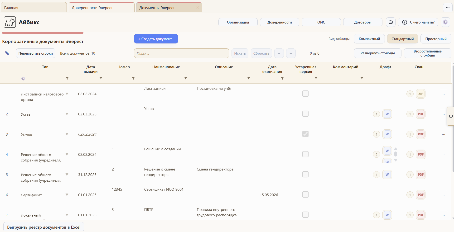Экран со списком документов и статусов в Айбиксе